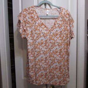 FreeOak Peach Floral Flutter Sleeve Top Sz XL